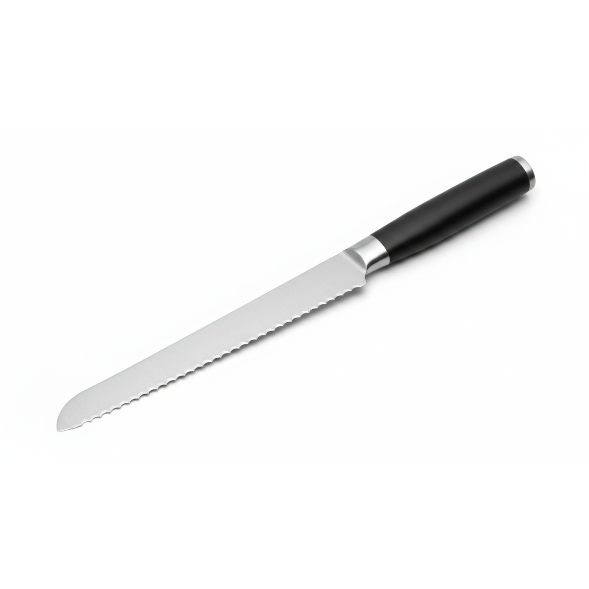 Stainless steel serrated bread knife with black stainless handle 