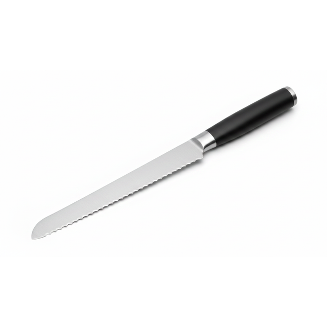 Stainless steel serrated bread knife with black stainless handle 