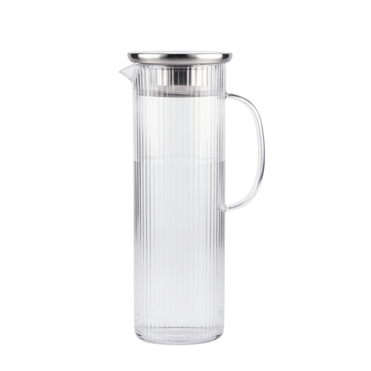 Long clear glass pitcher with a silver lid 