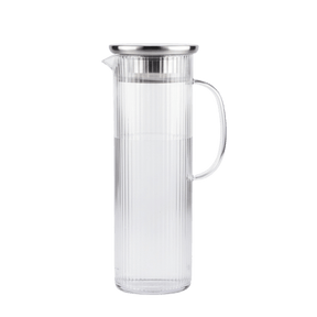 Long clear glass pitcher with a silver lid 