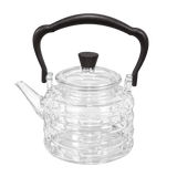 Clear glass teapot with black handle and lid knob 