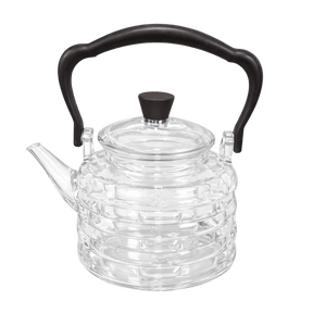 Clear glass teapot with black handle and lid knob 