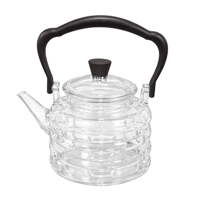 Clear glass teapot with black handle and lid knob 