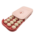 Pink in red egg box, that open in a drawer style. The image is showing the eggs drawer filled with egss