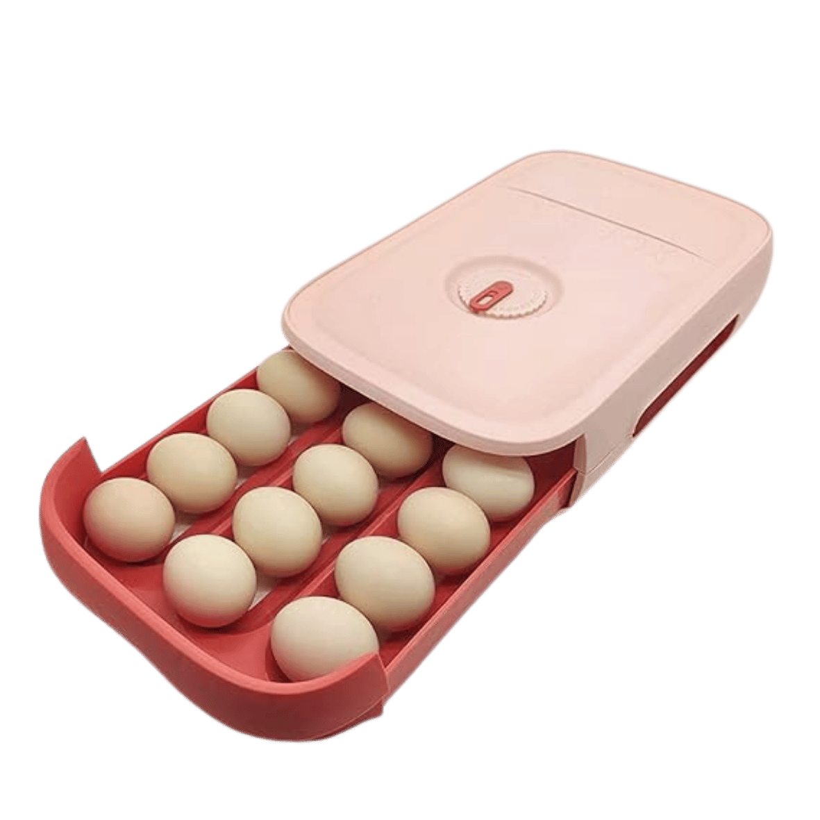 Pink in red egg box, that open in a drawer style. The image is showing the eggs drawer filled with egss