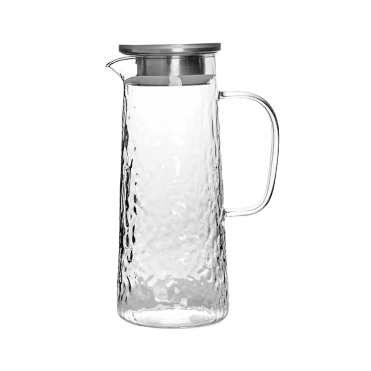 Engraved clear glass pitcher with a silver lid 