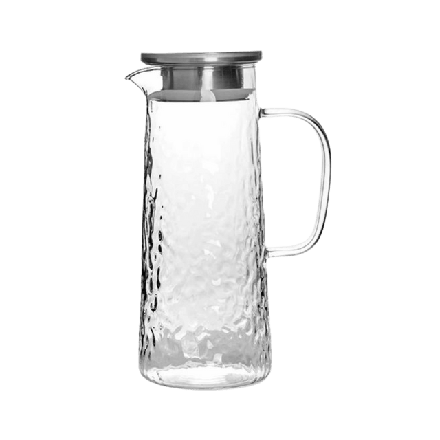 Engraved clear glass pitcher with a silver lid 