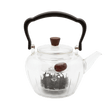 Clear glass teapot with black handle and lid knob with an internal measuring cup for defusing teas and herbs 