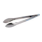 Stainless steel tongs with blue silicone grip