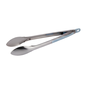Stainless steel tongs with blue silicone grip