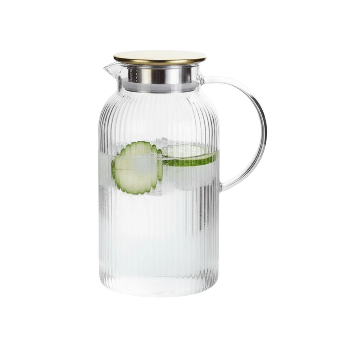 Clear glass pitcher with a gold lid containing sliced cucumber in water
