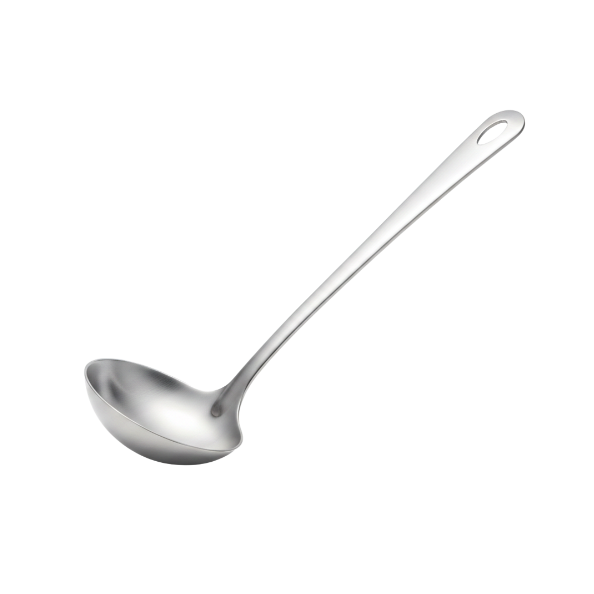 silver stainless steel serving ladle on a white background