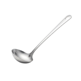 silver stainless steel serving ladle on a white background
