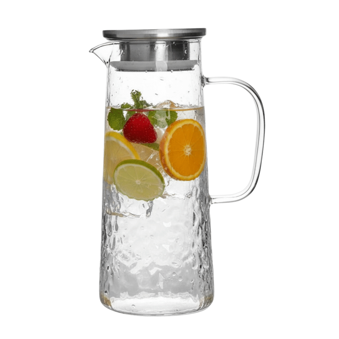 Engraved clear glass pitcher with a silver lid. The pitcher is filled with water and fruit slices