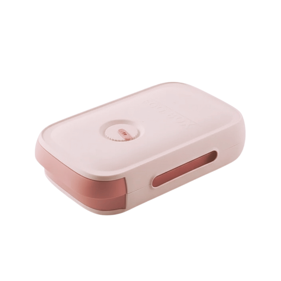 Pink in red egg box, that open in a drawer style. The image is showing the eggs drawer closed