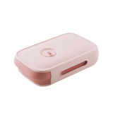 Pink in red egg box, that open in a drawer style. The image is showing the eggs drawer closed