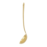 Stainless steel golden serving ladle from a side angle