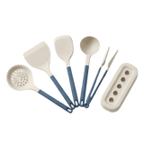 Set of five kitchen utensils with blue handles and white stand 