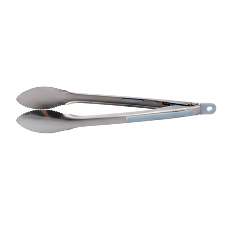 Stainless steel tongs with blue silicone grip
