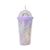 Light purple plastic cup with lid and straw with colorful beads, rainbow design on lid