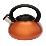 Copper colored whistle kettle with black handle on a white background