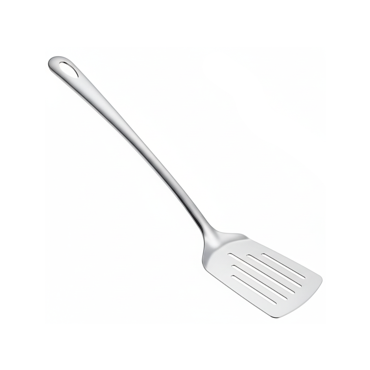 silver stainless steel serving slotted spatula on a white background
