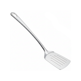 silver stainless steel serving slotted spatula on a white background