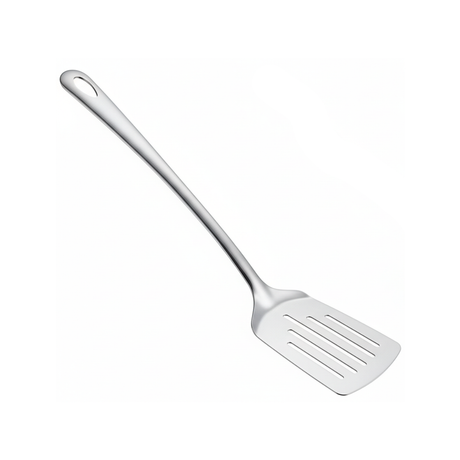 silver stainless steel serving slotted spatula on a white background