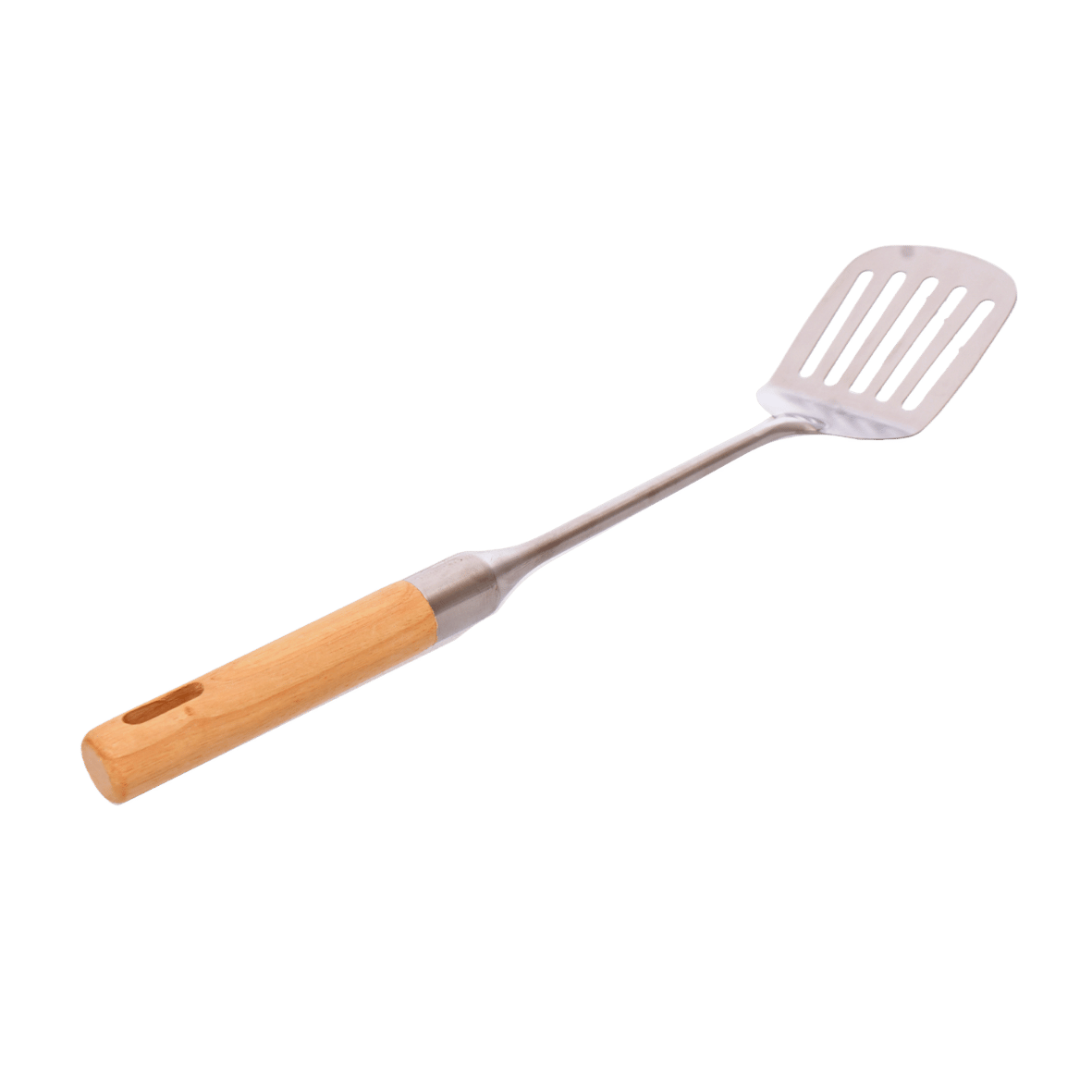 Stainless steel slotted spatula with wooden handle