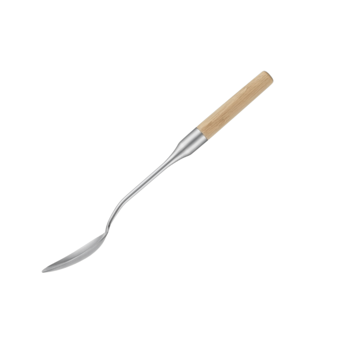 Stainless serving spoon with wooden handle, from a side angle.