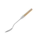 Stainless serving spoon with wooden handle, from a side angle.