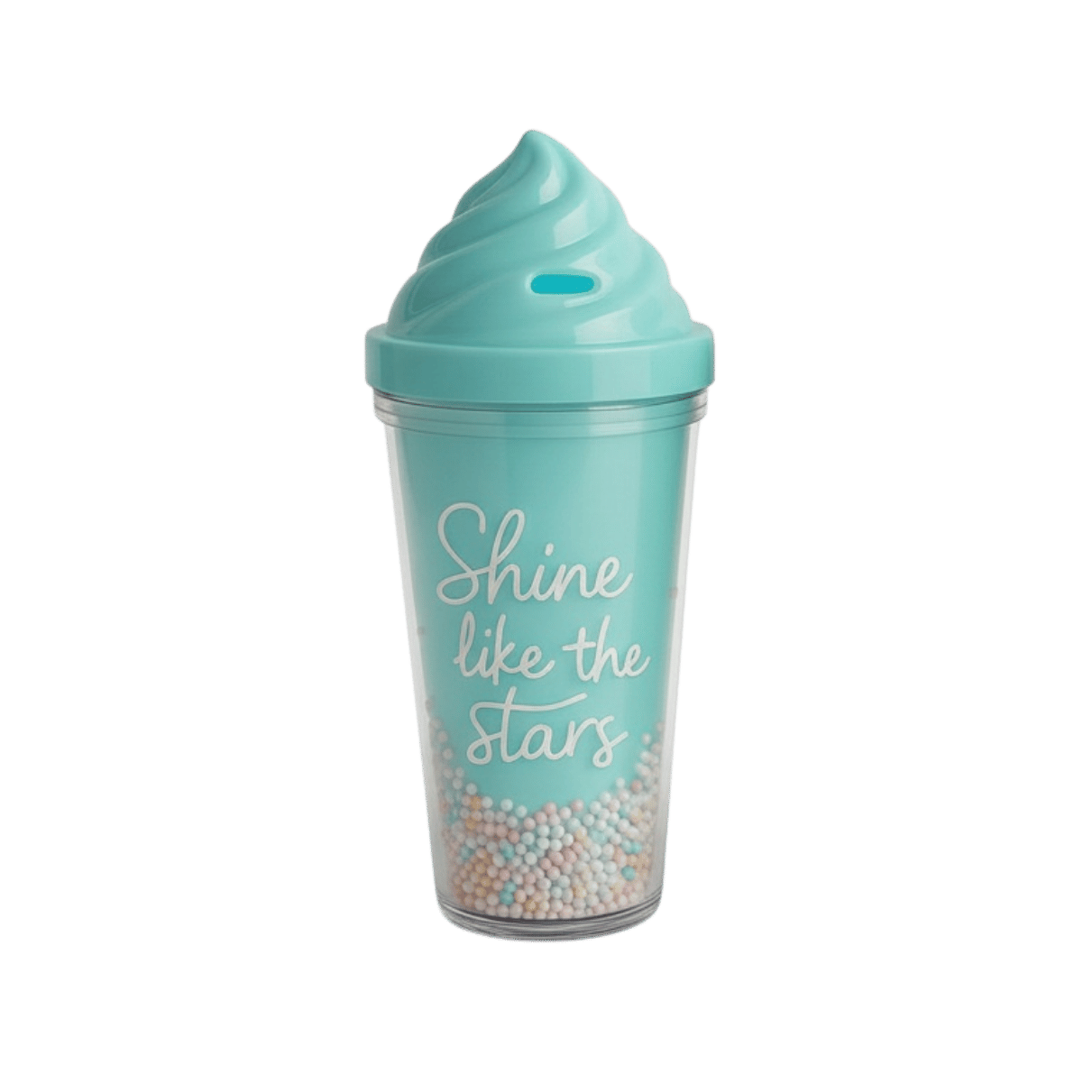 Light blue plastic cups with ice cream shaped lid. The cups have text and decorative beads