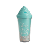 Light blue plastic cups with ice cream shaped lid. The cups have text and decorative beads