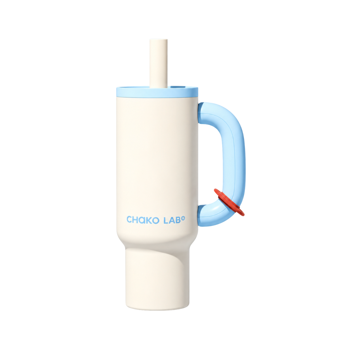 A Choko Lab insulated tumbler with a cream-colored body, light blue lid and handle, and a small red accent ring on the handle, shown on a solid white background.