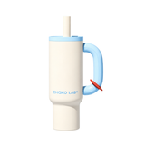 A Choko Lab insulated tumbler with a cream-colored body, light blue lid and handle, and a small red accent ring on the handle, shown on a solid white background.