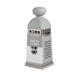 6-sided grater with grey handle and silver stainless steel body with a grey base