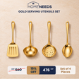Gold-colored stainless steel serving utensil set including a spatula, ladle, skimmer, and spoon, displayed on a textured beige background with promotional text.