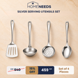 A set of four stainless steel serving utensils on a beige marble-textured background with 'HOME NEEDS' branding and sale text. The utensils include a spatula, ladle, strainer, and spoon.