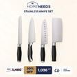 Promotional design for the stainless steel knife set featuring a bread knife, a santoku knife a professional wide blade knife and a cleaver knife with promotional text at the bottom with the price and benefits of the set