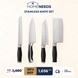 Promotional design for the stainless steel knife set featuring a bread knife, a santoku knife a professional wide blade knife and a cleaver knife with promotional text at the bottom with the price and benefits of the set