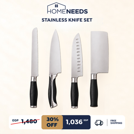 Promotional design for the stainless steel knife set featuring a bread knife, a santoku knife a professional wide blade knife and a cleaver knife with promotional text at the bottom with the price and benefits of the set