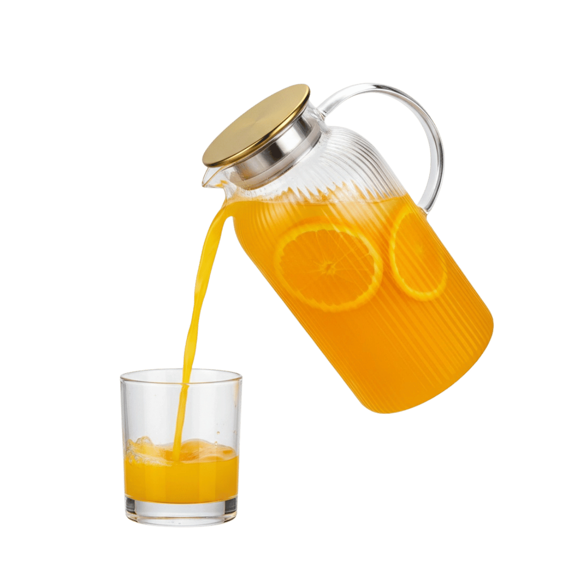 Glass pitcher with gold lid pouring orange juice into a glass