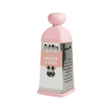 6-sided grater with pink handle and silver stainless steel body with a pink base