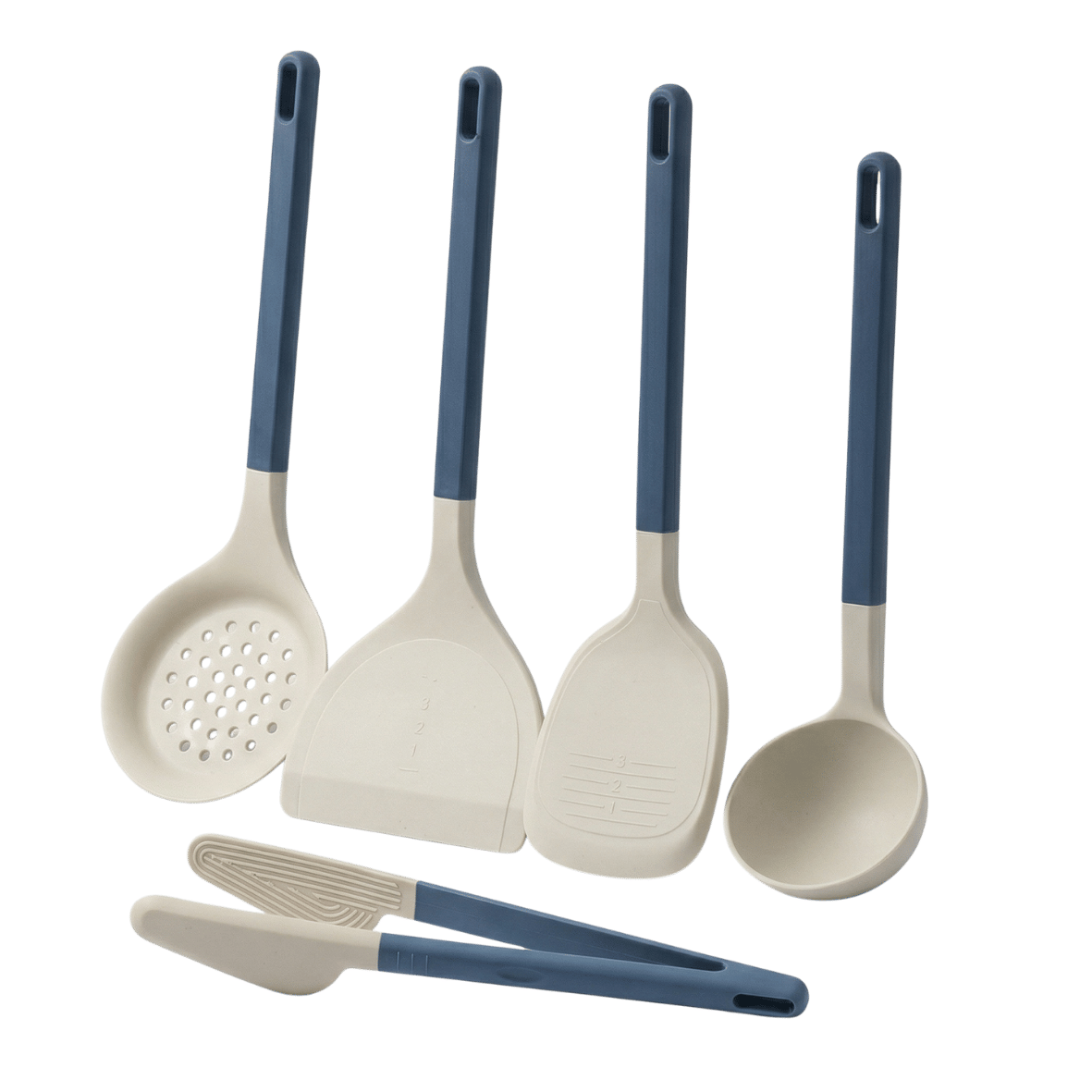 Set of kitchen utensils with blue handles 