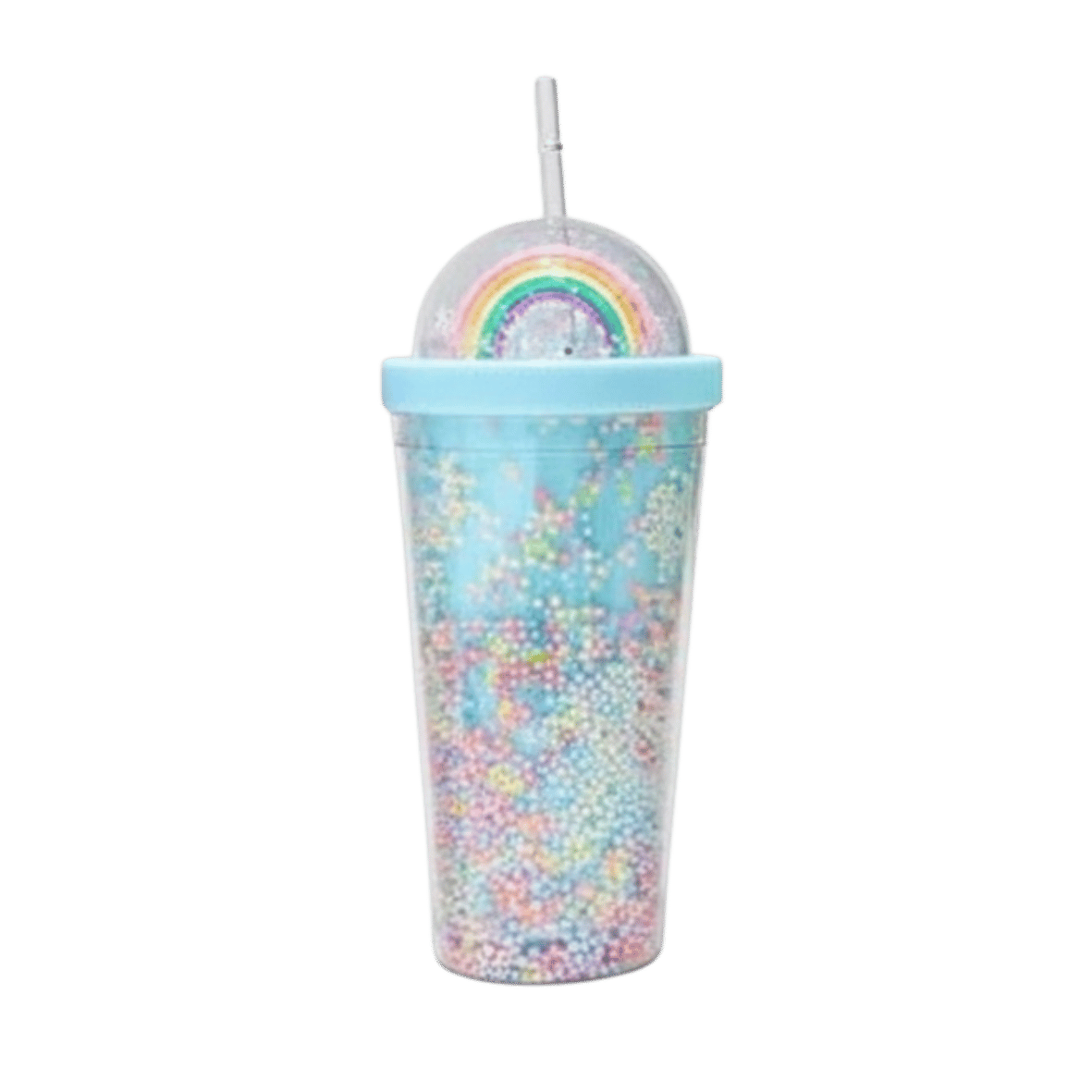 Blue plastic cup with lid and straw with colorful beads, rainbow design on lid, and blue rim