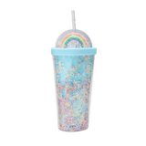 Blue plastic cup with lid and straw with colorful beads, rainbow design on lid, and blue rim