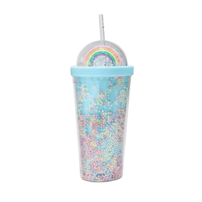 Blue plastic cup with lid and straw with colorful beads, rainbow design on lid, and blue rim