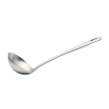 silver stainless steel serving ladle on a white background