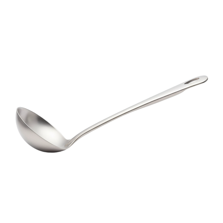 silver stainless steel serving ladle on a white background