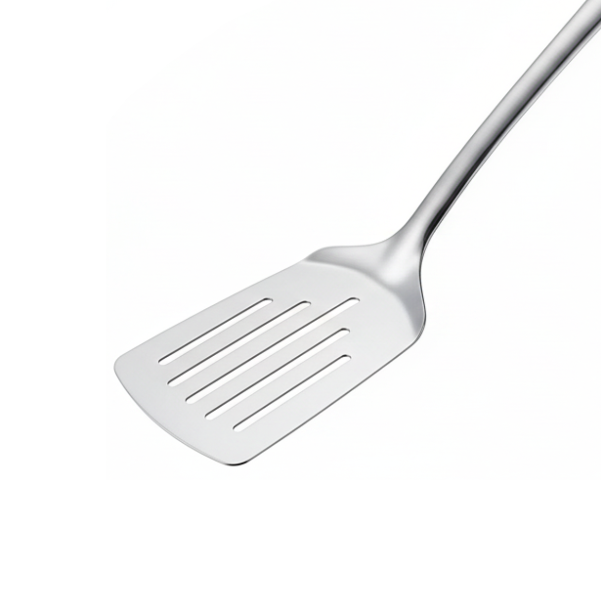 A close up of silver stainless steel serving slotted spatula on a white background